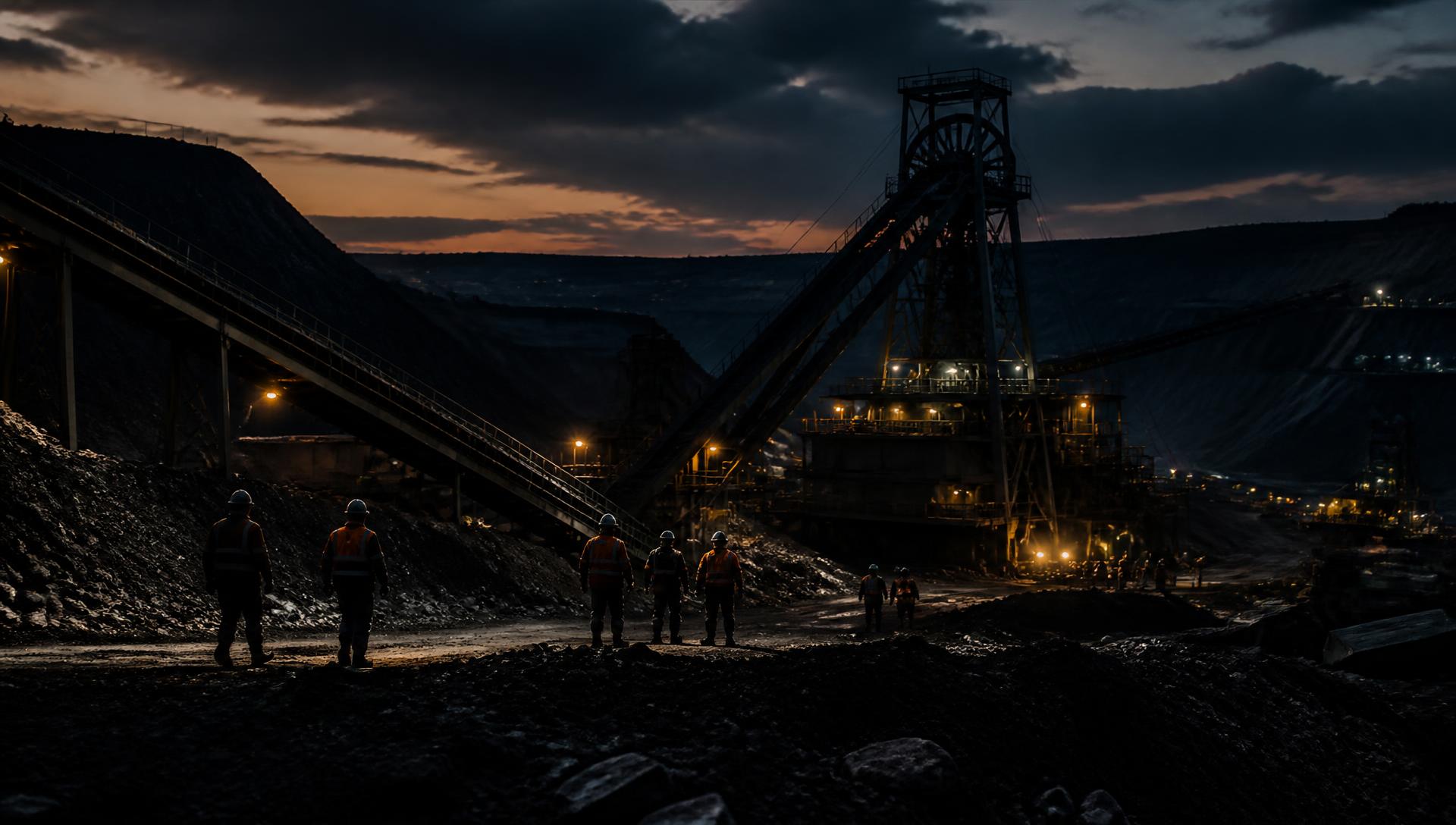 Black Rock Mine Operations surface infrastructure at dusk with employees in personal protective equipment